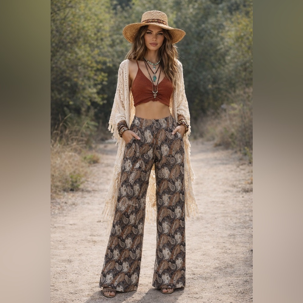 Black Brown Flare Leg High-Rise Waist Palazzo Pants Paisley Bohemian Festival Sm